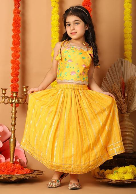 Yellow Printed Cotton Lehenga Set For Girls — view on Indya