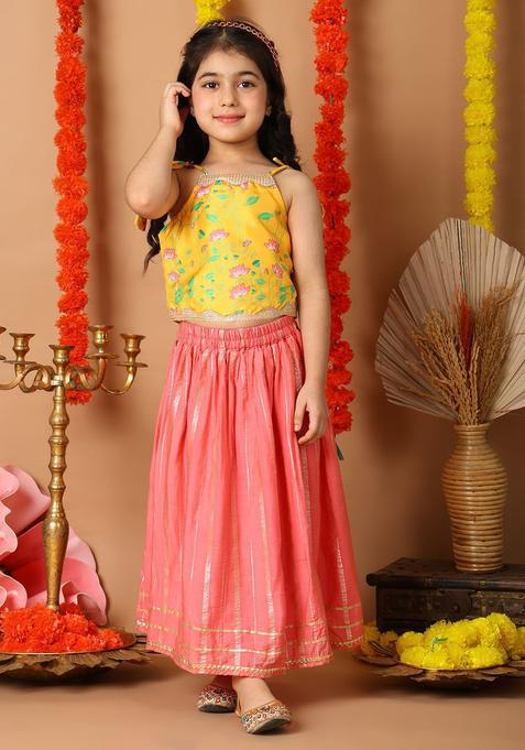 Pink Printed Cotton Lehenga Set For Girls — view on Indya