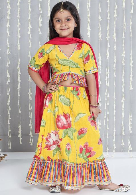 Yellow Printed Cotton Lehenga Set For Girls — view on Indya