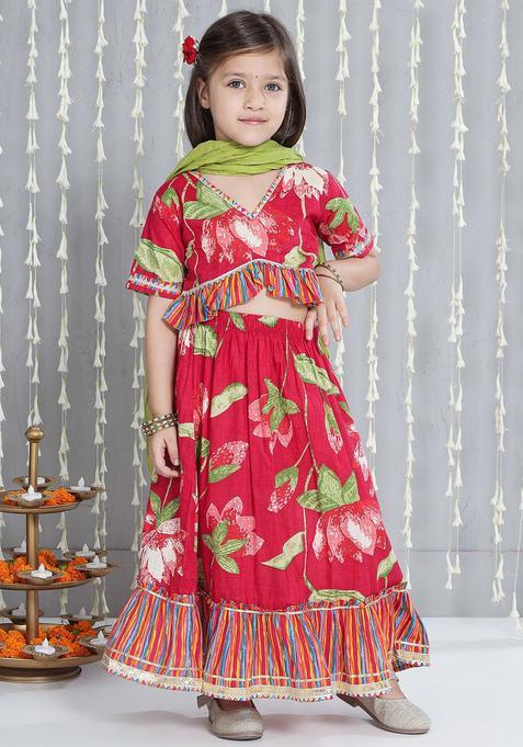 Pink Printed Cotton Lehenga Set For Girls — view on Indya