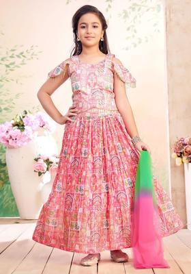 Pink Embroidered Silk Lehenga Set For Girls