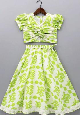 Green Printed Polyester Lehenga Set For Girls