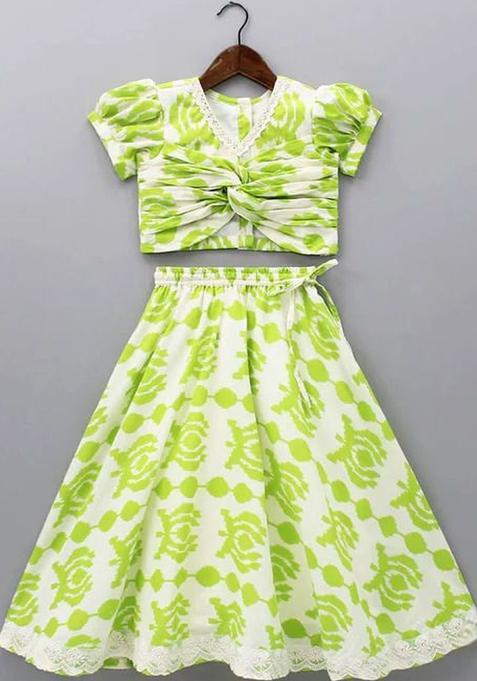 Green Printed Polyester Lehenga Set For Girls — view on Indya
