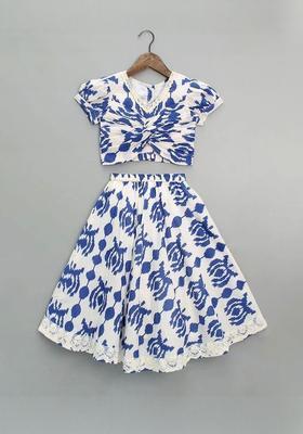 Blue Printed Polyester Lehenga Set For Girls