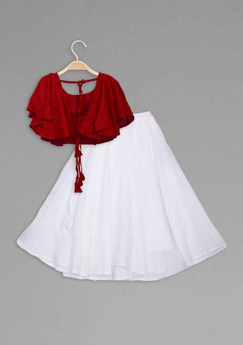 White Solid Polyester Lehenga Set For Girls - Indya