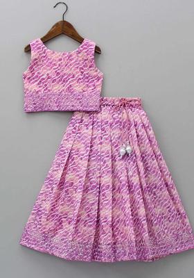 Purple Printed Polyester Lehenga Set For Girls