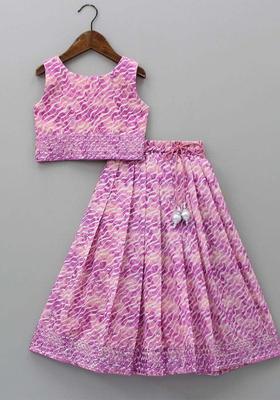 Purple Printed Polyester Lehenga Set For Girls