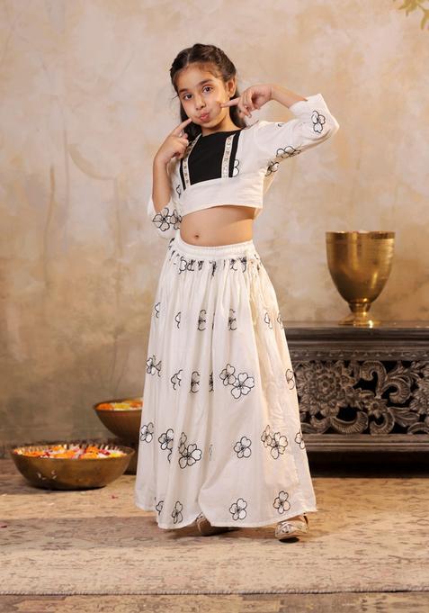 White Embroidered Cotton Lehenga Set For Girls — view on Indya