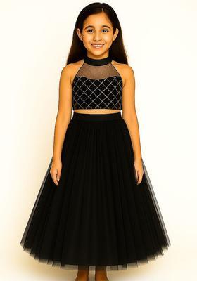 Black Embellished Net Lehenga Set For Girls