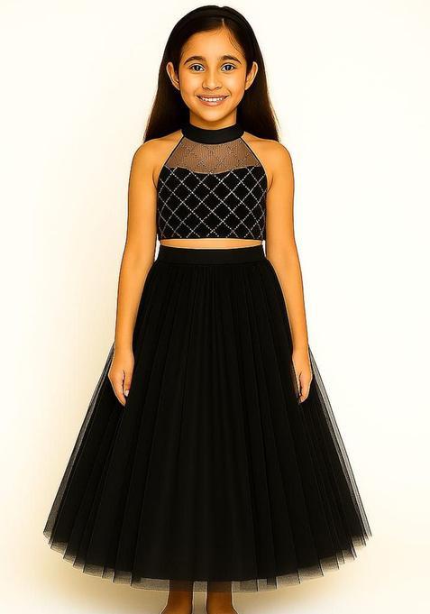 Black Embellished Net Lehenga Set For Girls — view on Indya