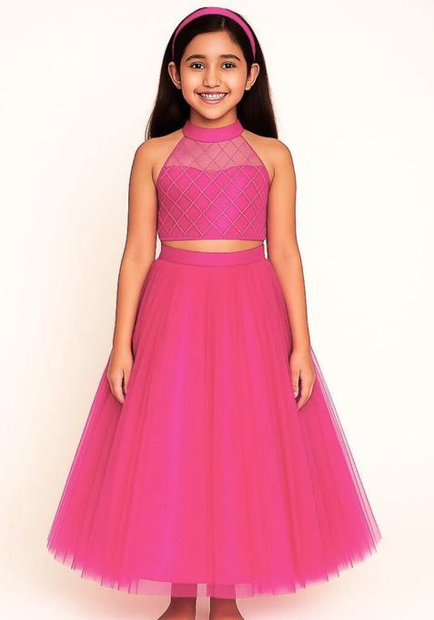 Pink Woven Design Net Lehenga Set For Girls — view on Indya