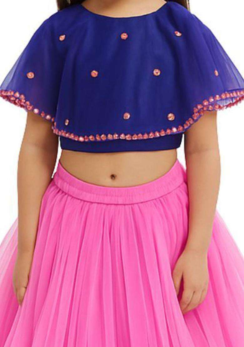 Pink Embellished Net Lehenga Set For Girls - Indya