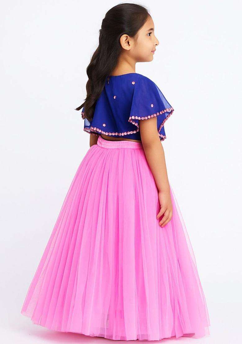 Pink Embellished Net Lehenga Set For Girls - Indya