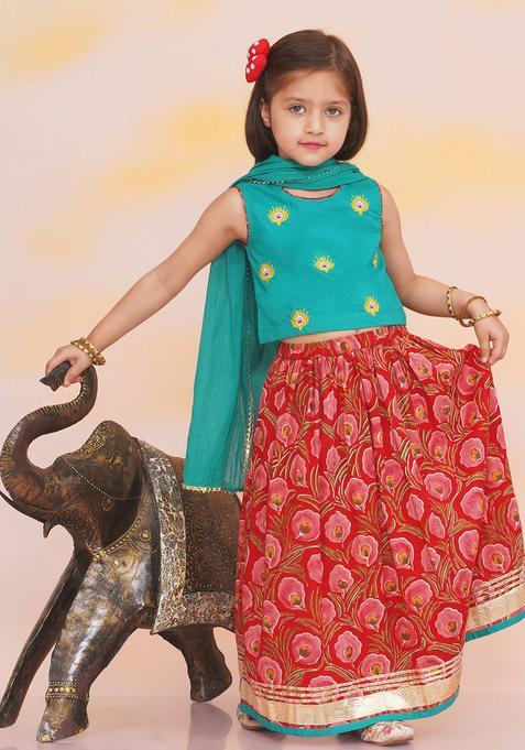 Green Embroidered Cotton Lehenga Set For Girls — view on Indya