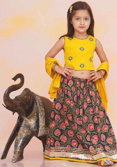 Yellow Embroidered Cotton Lehenga Set For Girls — view on Indya