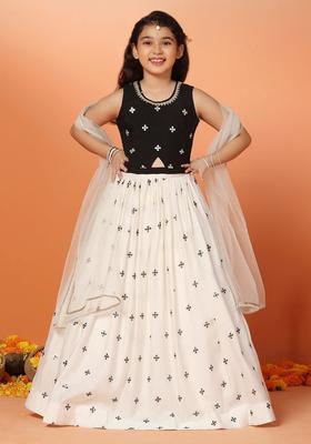 White Embroidered Silk Lehenga Set For Girls