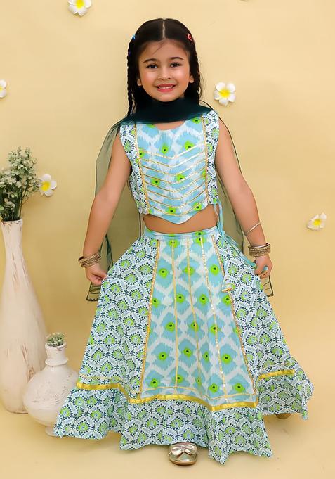 Green Printed Cotton Lehenga Set For Girls — view on Indya