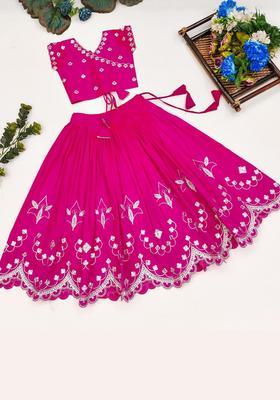 Pink Embroidered Silk Lehenga Set For Girls