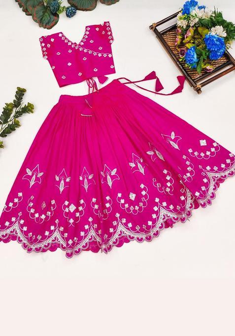 Pink Embroidered Silk Lehenga Set For Girls — view on Indya