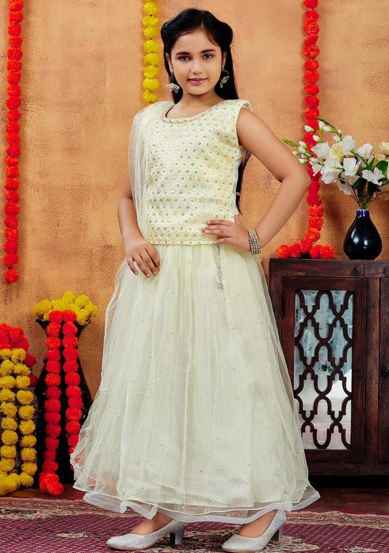 Yellow Net Lehenga Set For Girls - Indya
