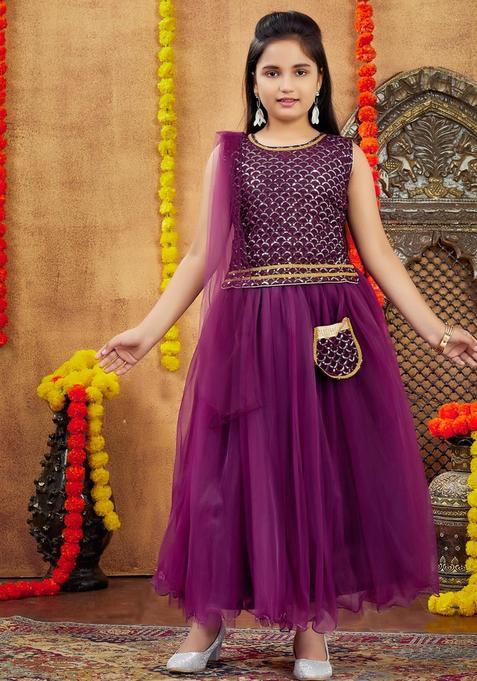 Purple Net Lehenga Set For Girls — view on Indya