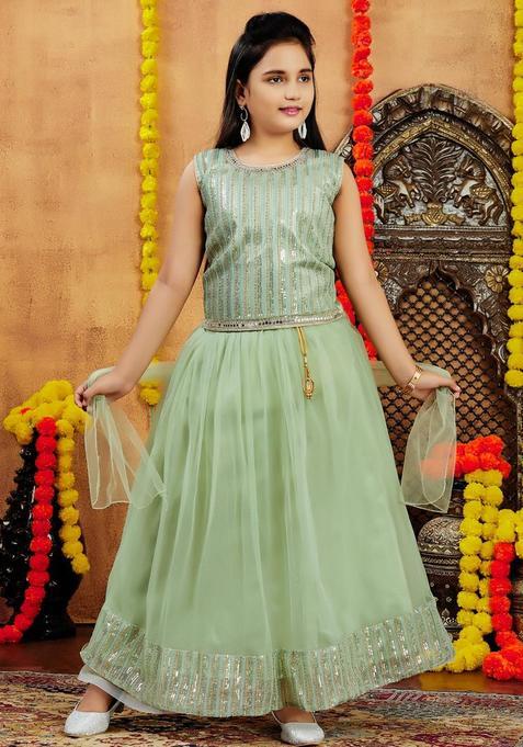 Green Net Lehenga Set For Girls — view on Indya