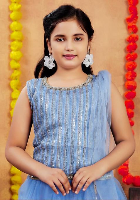 Blue Net Lehenga Set For Girls — view on Indya