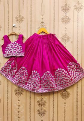 Pink Embroidered Silk Lehenga Set For Girls
