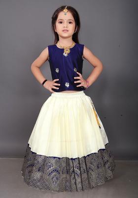 Blue Woven Design Cotton Lehenga Set For Girls