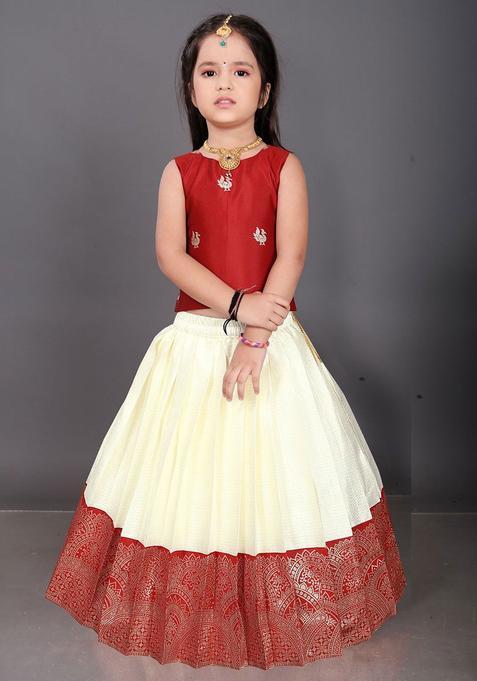 Red Woven Design Cotton Lehenga Set For Girls — view on Indya