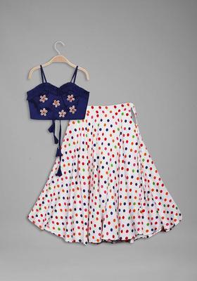 Blue Solid Crepe Lehenga Set For Girls