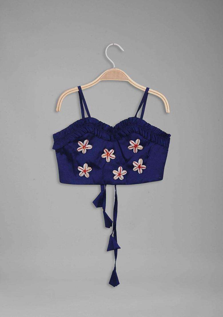 Blue Solid Crepe Lehenga Set For Girls - Indya