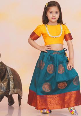 Yellow Solid Silk Lehenga Set For Girls