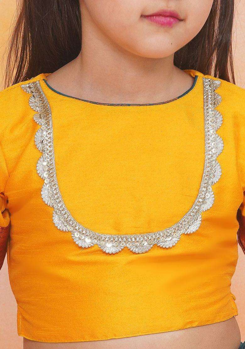 Yellow Solid Silk Lehenga Set For Girls - Indya