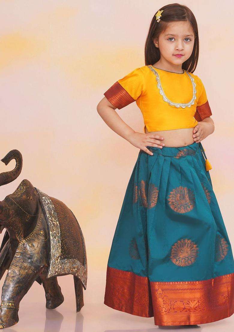 Yellow Solid Silk Lehenga Set For Girls - Indya