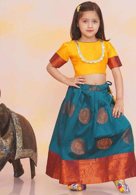 Yellow Solid Silk Lehenga Set For Girls