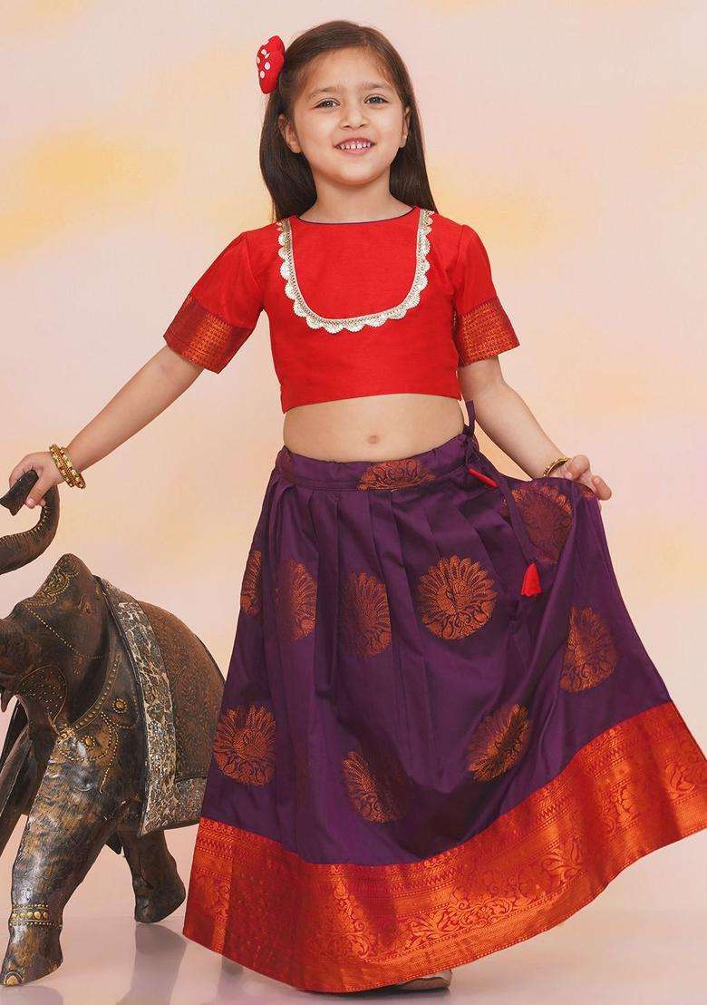 Red Solid Silk Lehenga Set For Girls - Indya