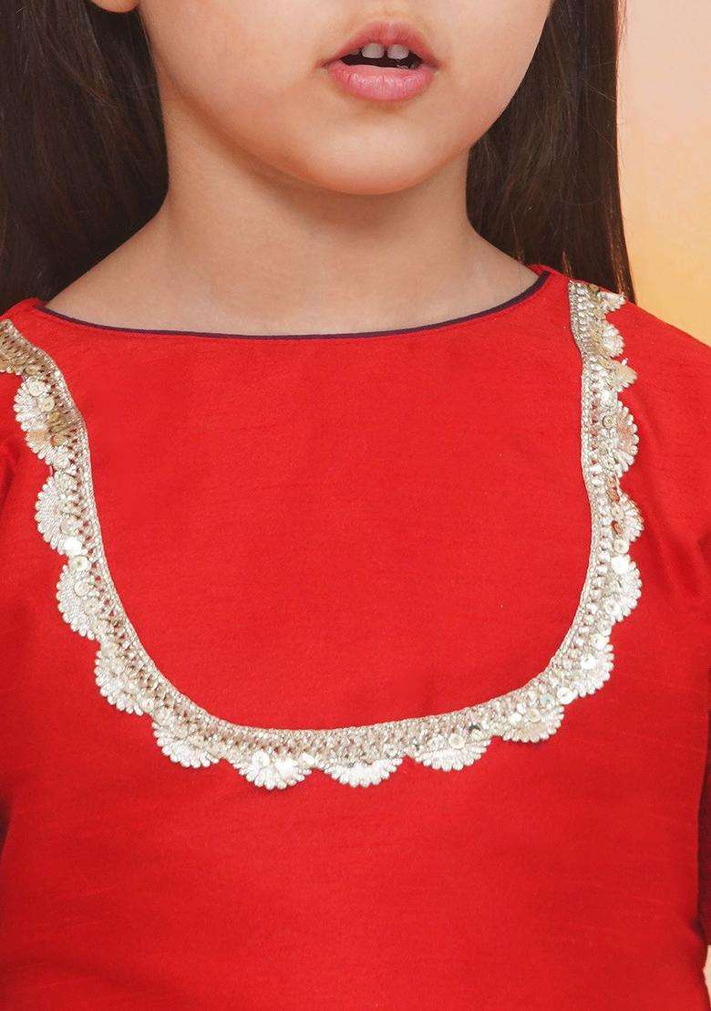 Red Solid Silk Lehenga Set For Girls - Indya