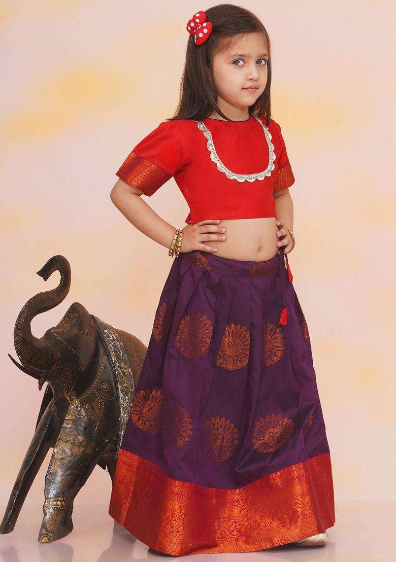 Red Solid Silk Lehenga Set For Girls - Indya