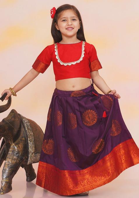 Red Solid Silk Lehenga Set For Girls — view on Indya