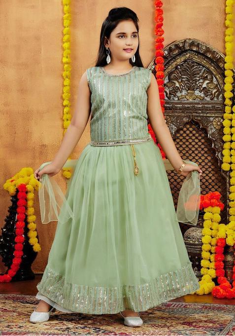 Green Embellished Net Lehenga Set For Girls — view on Indya