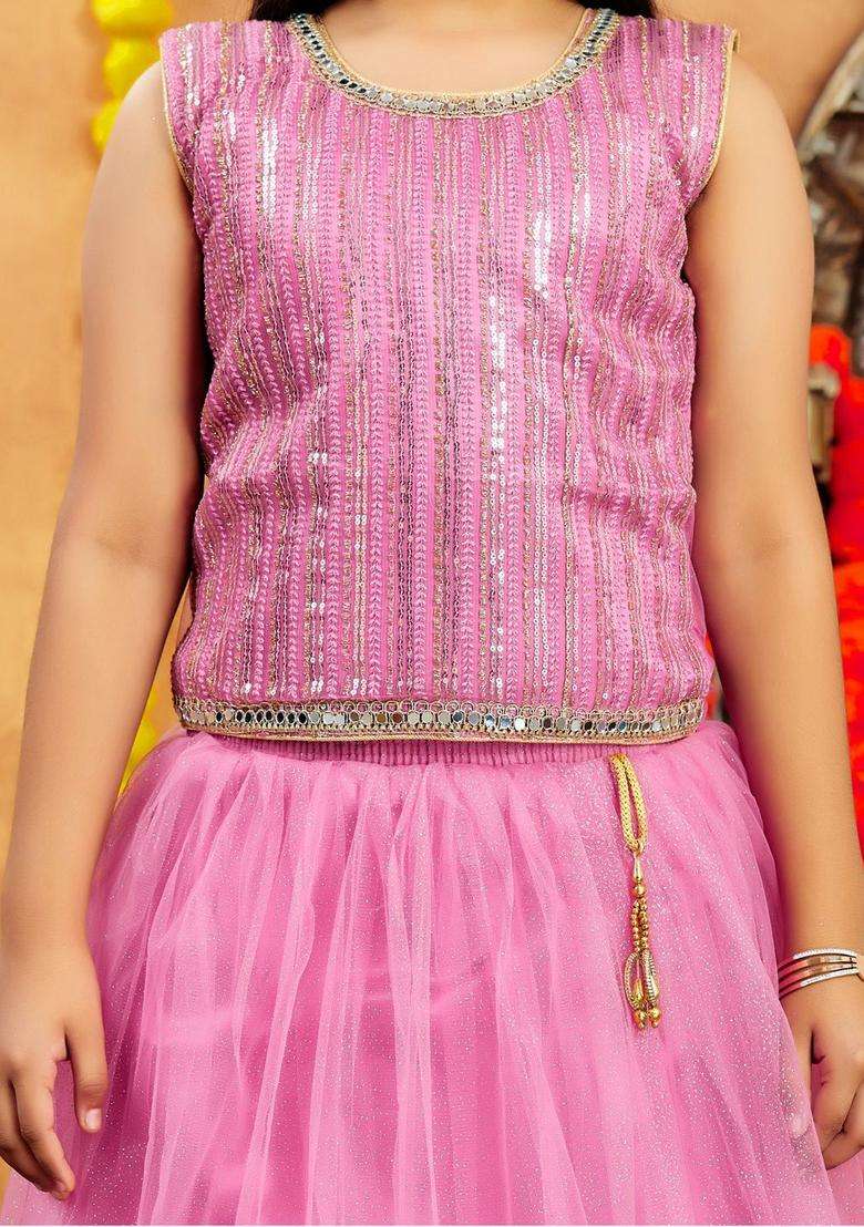 Pink Embellished Net Lehenga Set For Girls - Indya
