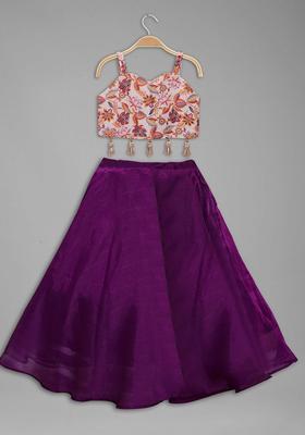 Beige Printed Tissue Lehenga Set For Girls