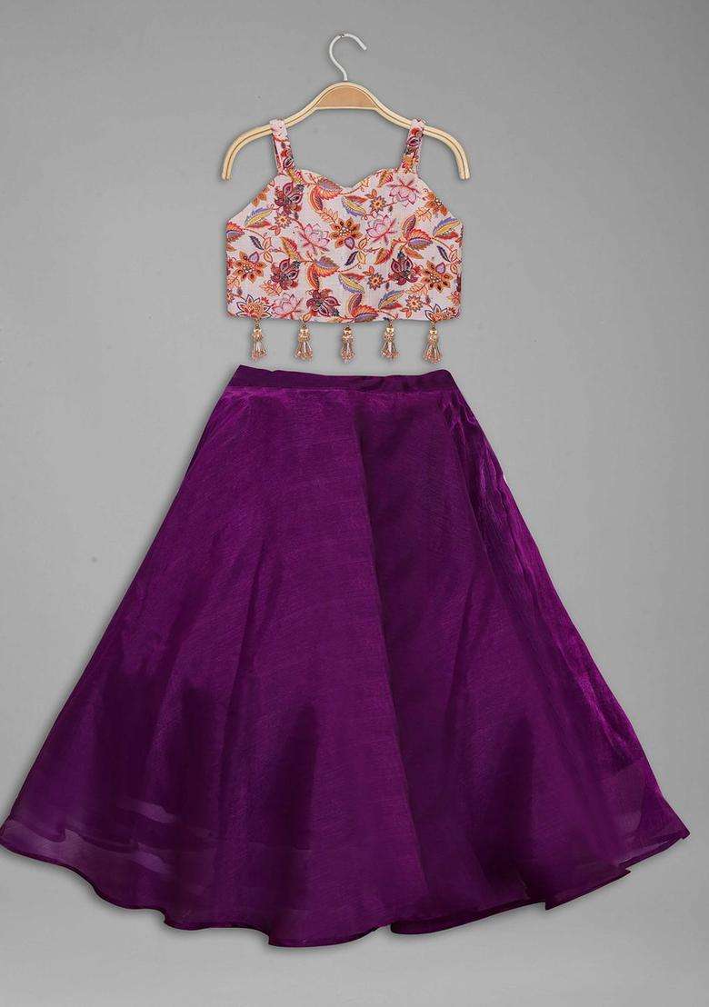 Beige Printed Tissue Lehenga Set For Girls - Indya