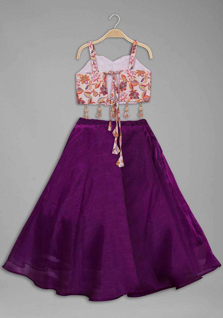 Beige Printed Tissue Lehenga Set For Girls - Indya