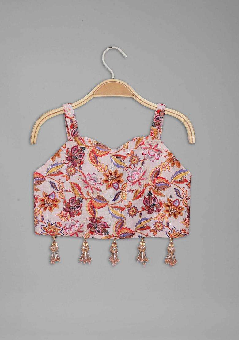 Beige Printed Tissue Lehenga Set For Girls - Indya