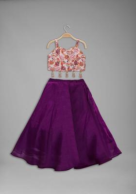Beige Printed Tissue Lehenga Set For Girls