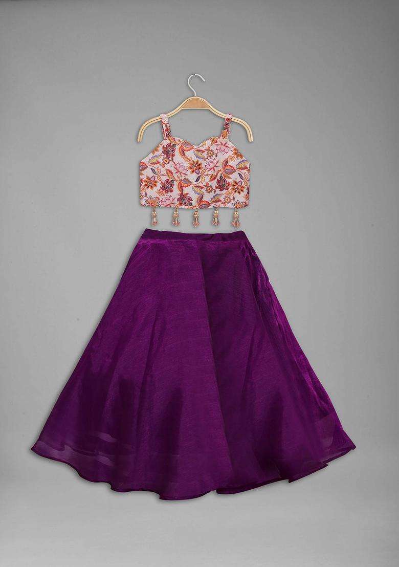 Beige Printed Tissue Lehenga Set For Girls - Indya