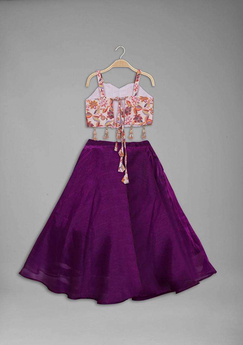 Beige Printed Tissue Lehenga Set For Girls - Indya