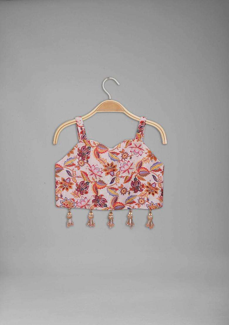Beige Printed Tissue Lehenga Set For Girls - Indya